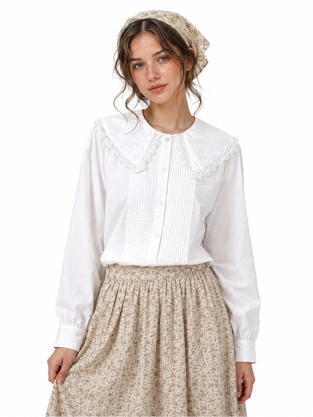 Vintage Pin Tucked Pilgrim Collar Blouse Lace Embroidered Prairie Cottagecore